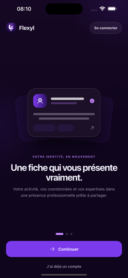Premier écran d’accueil de l’application Flutter Flexyl